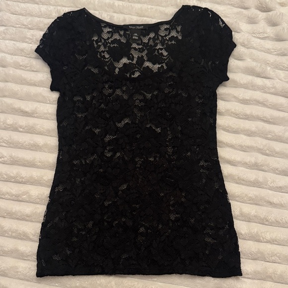 White House Black Market Tops - White House Black Market Black Lace Top XS Sheer Floral Short Sleeve Blouse